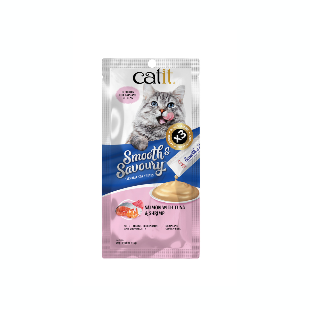 Catit Feline; Smooth & Savoury Salmon with Tuna & Shrimp; 貓用肉泥小食三文魚配吞拿魚及蝦肉口味 15g x4條