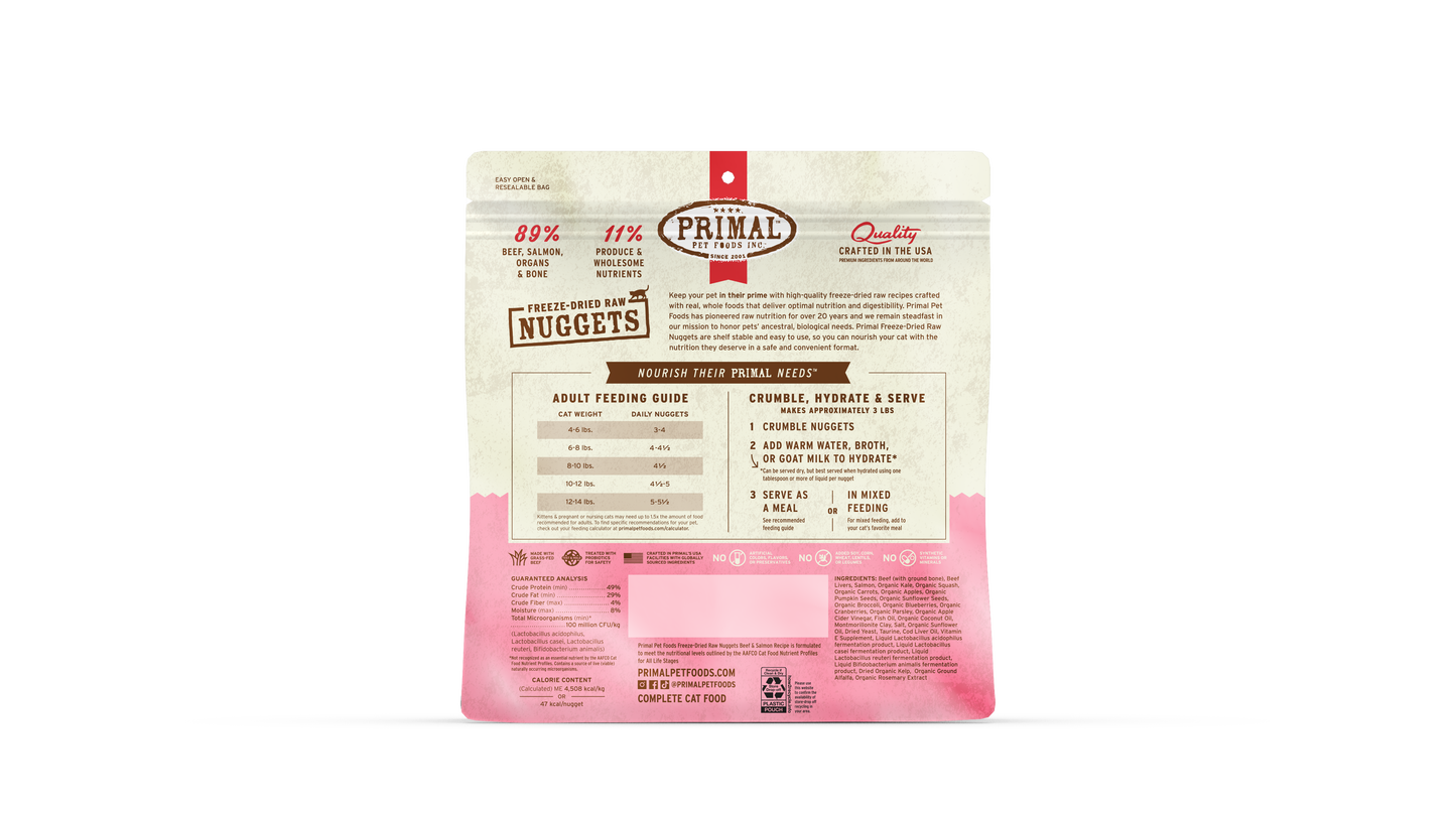 Primal Feline; Freeze Dried Nuggets Beef & Salmon Formula; 凍乾貓糧牛肉三文魚配方