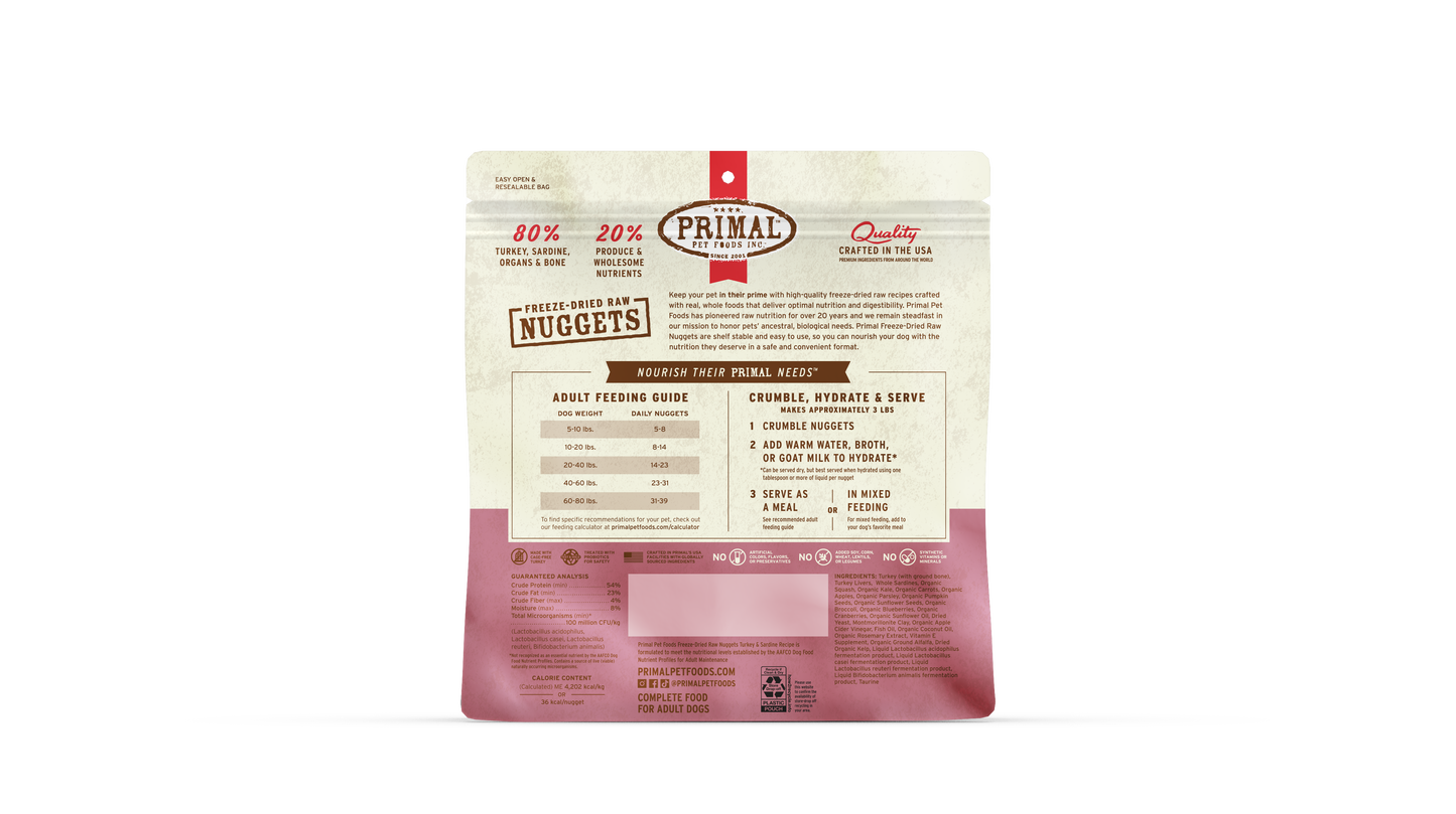 Primal Canine; Freeze Dried Nuggets Turkey & Sardine Formula;