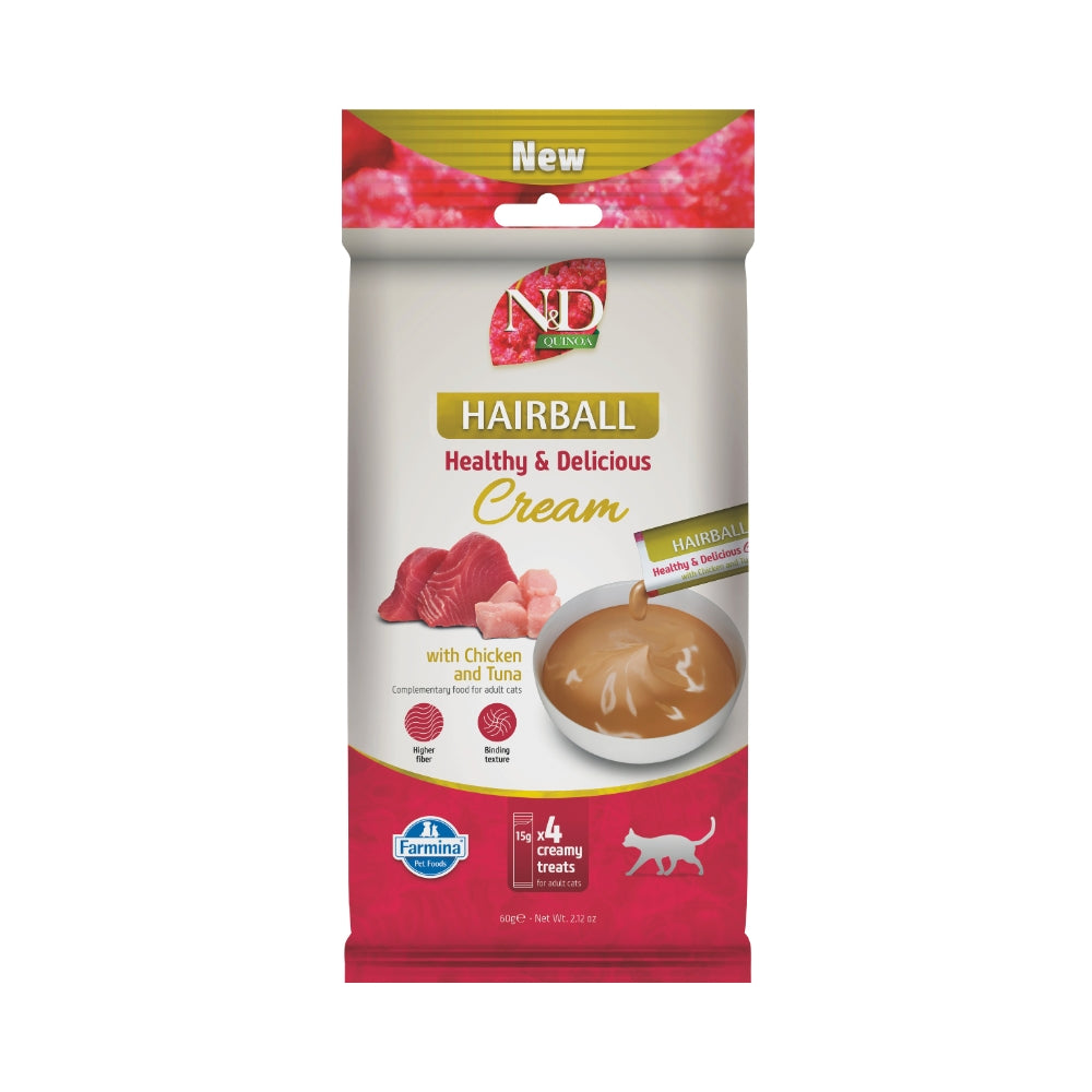 Farmina N&D Feline; Quinoa Hairball Chicken & Tuna Creamy Treats; 貓用藜麥去毛球雞肉吞拿魚肉泥小食 15g x 4條