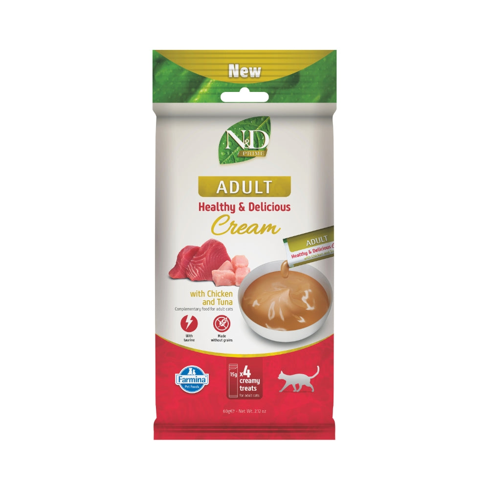 Farmina N&D Feline; Prime Chicken & Tuna Creamy Treats; 貓用無穀物雞肉吞拿魚肉泥小食 15g x 4條