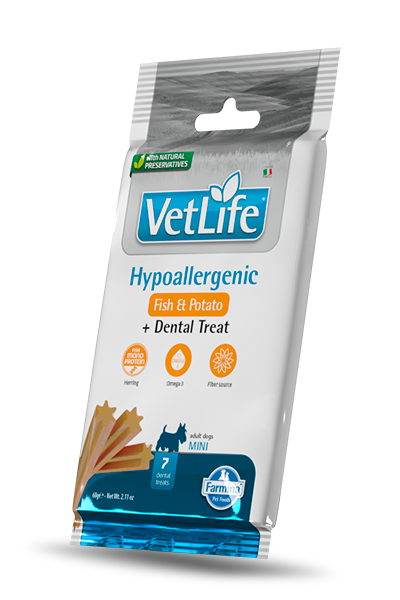 Vet Life Canine; Dental Treats Hypoallergenic Fish & Potato MINI; 犬用低過敏魚肉番薯配方小型犬潔齒小食