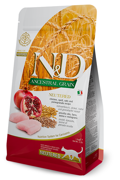 Farmina N&D Feline; Neutered Ancestral Grain Chicken & Pomegranate; 絕育貓低穀物系列雞肉石榴配方
