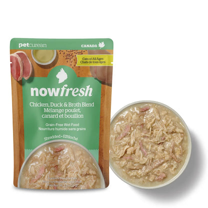 now FRESH Feline; Shredded Chicken Duck & Broth Blend Pouch; 全年齡貓雞肉及鴨肉肉絲湯包